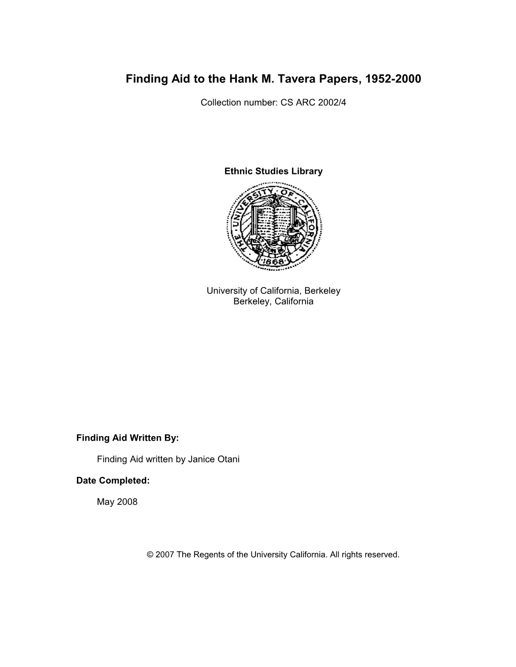 Finding Aid to the Hank M. Tavera Papers, 1952-2000