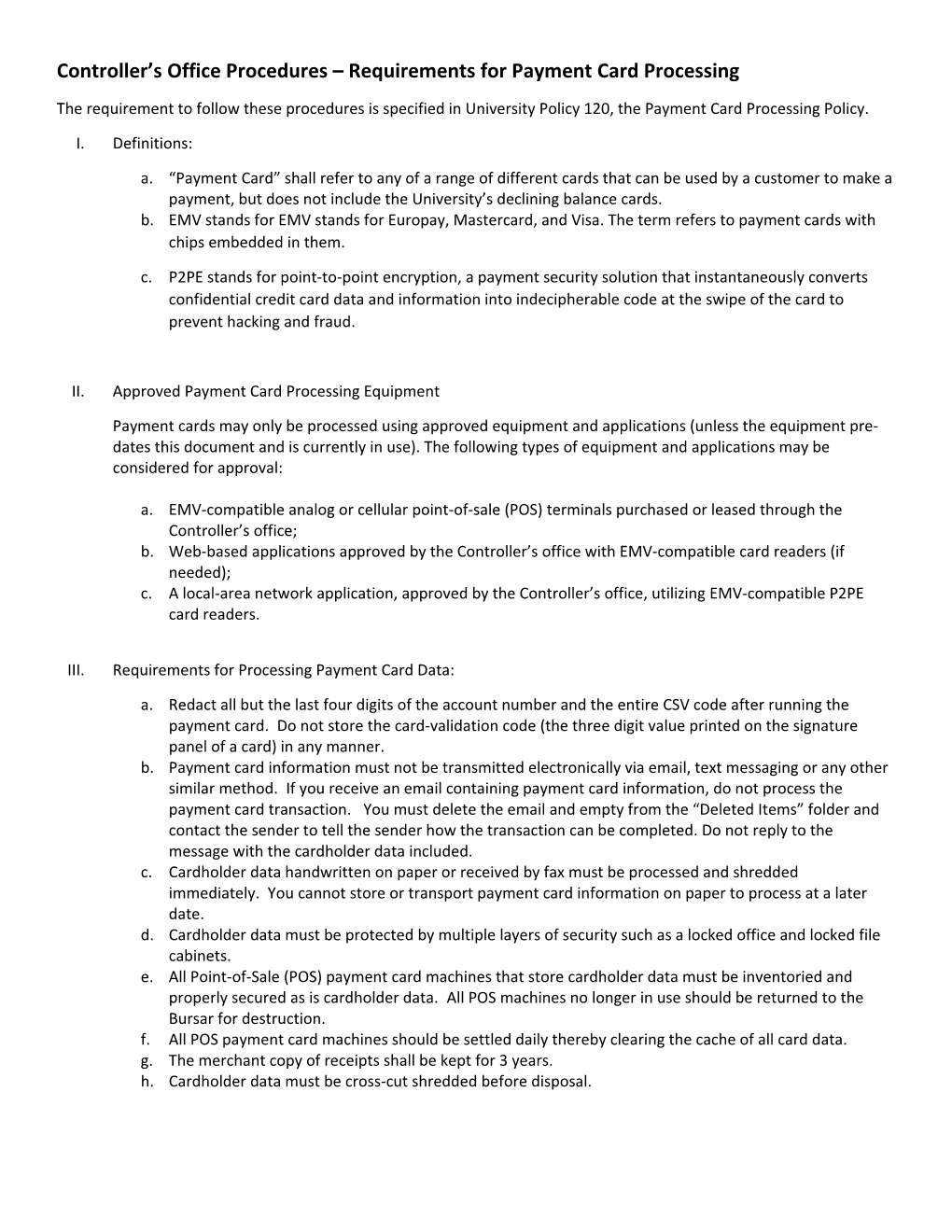 Controller S Office Procedures Requirements for Payment Card Processing