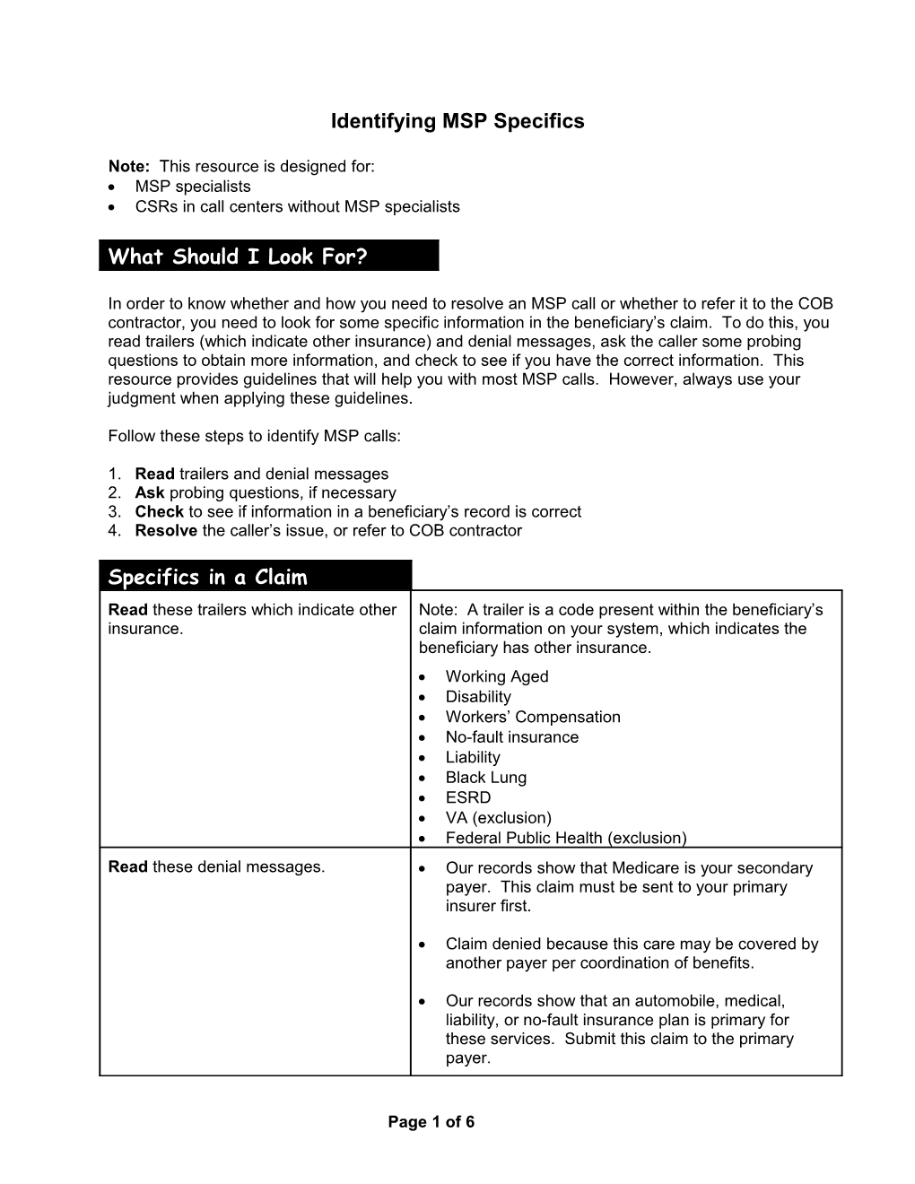 Clues for Identifying MSP Calls