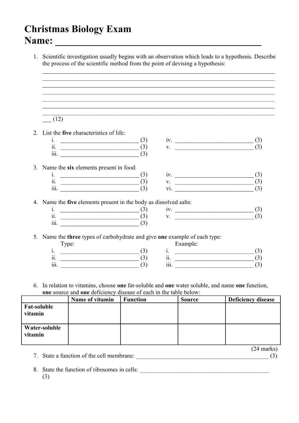 4Th Year Christmas Biology Exam