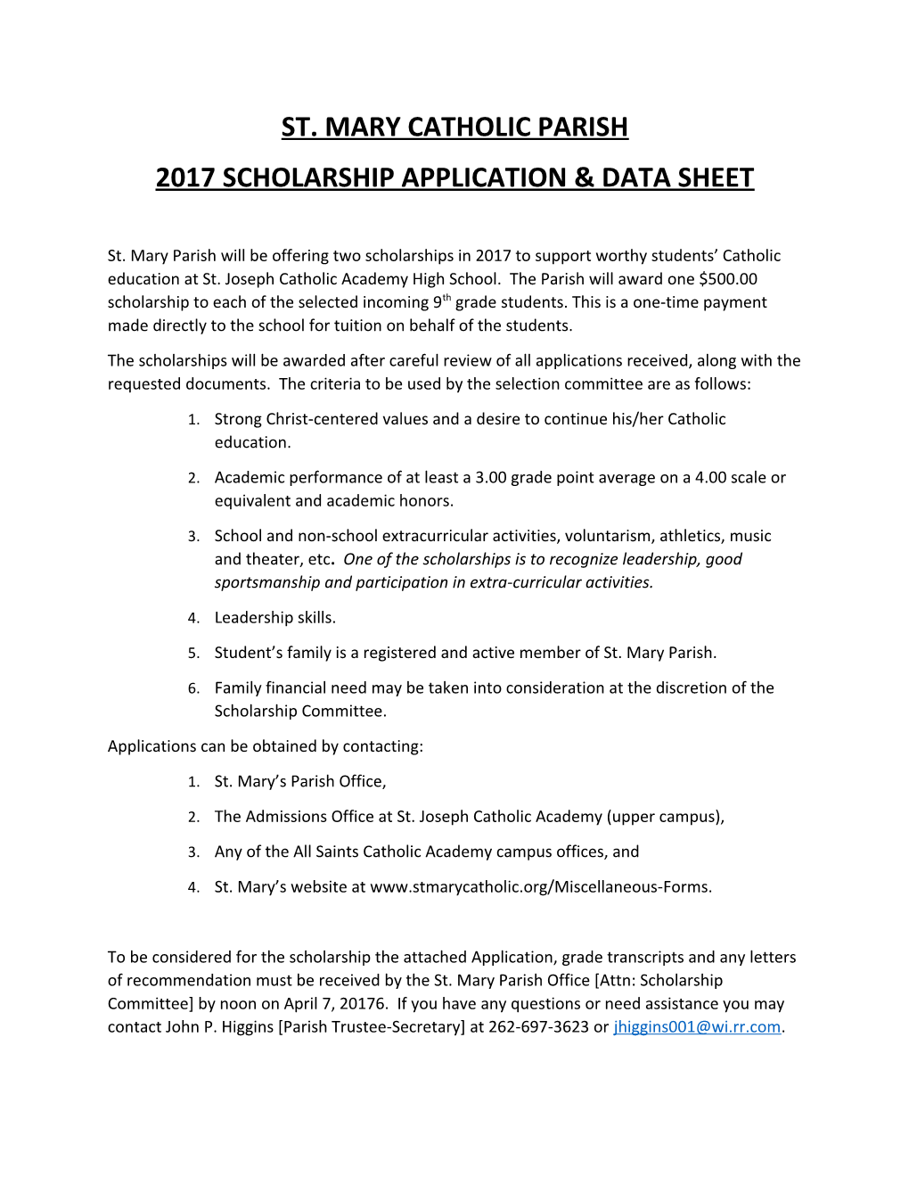 2017 Scholarship Application & Data Sheet