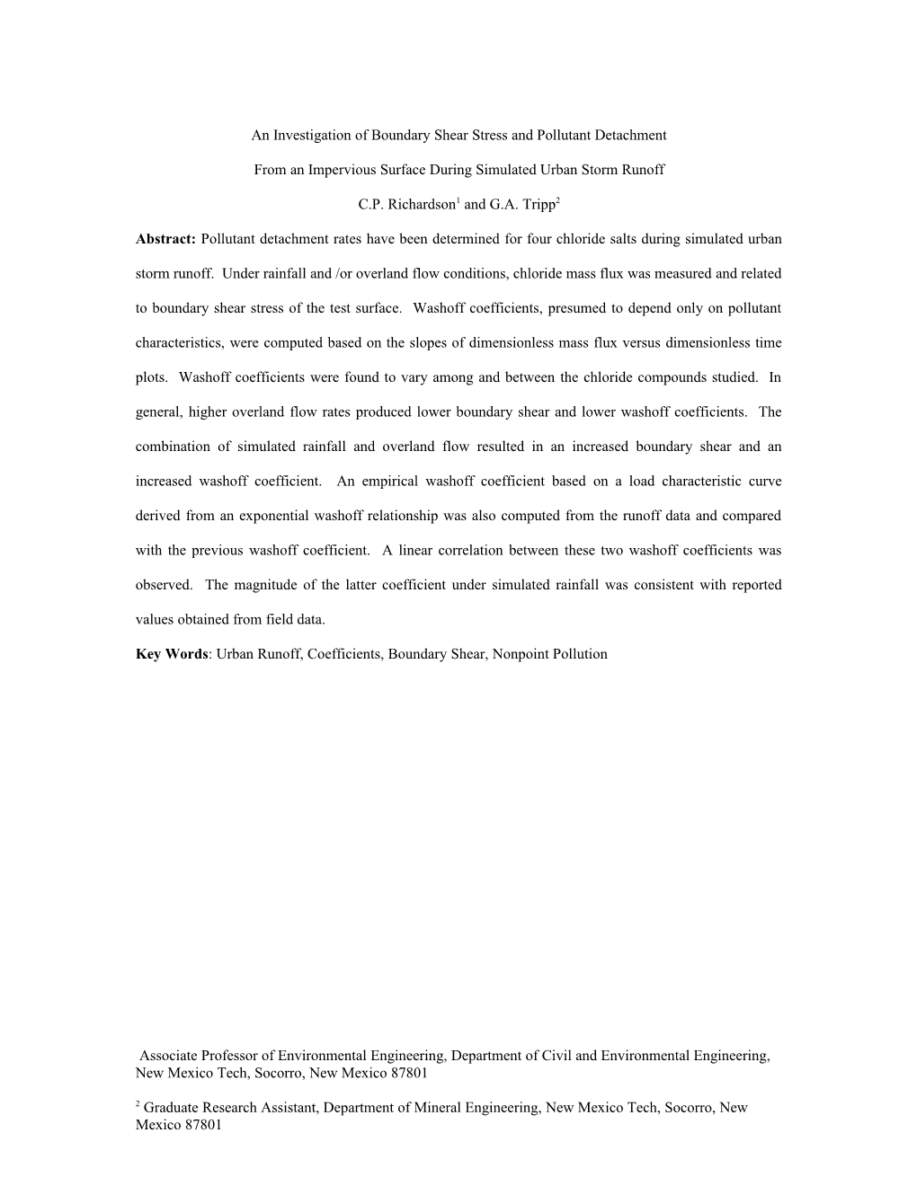 An Investigation of Boundary Shear Stress and Pollutant Detachment from an Impervious Surface