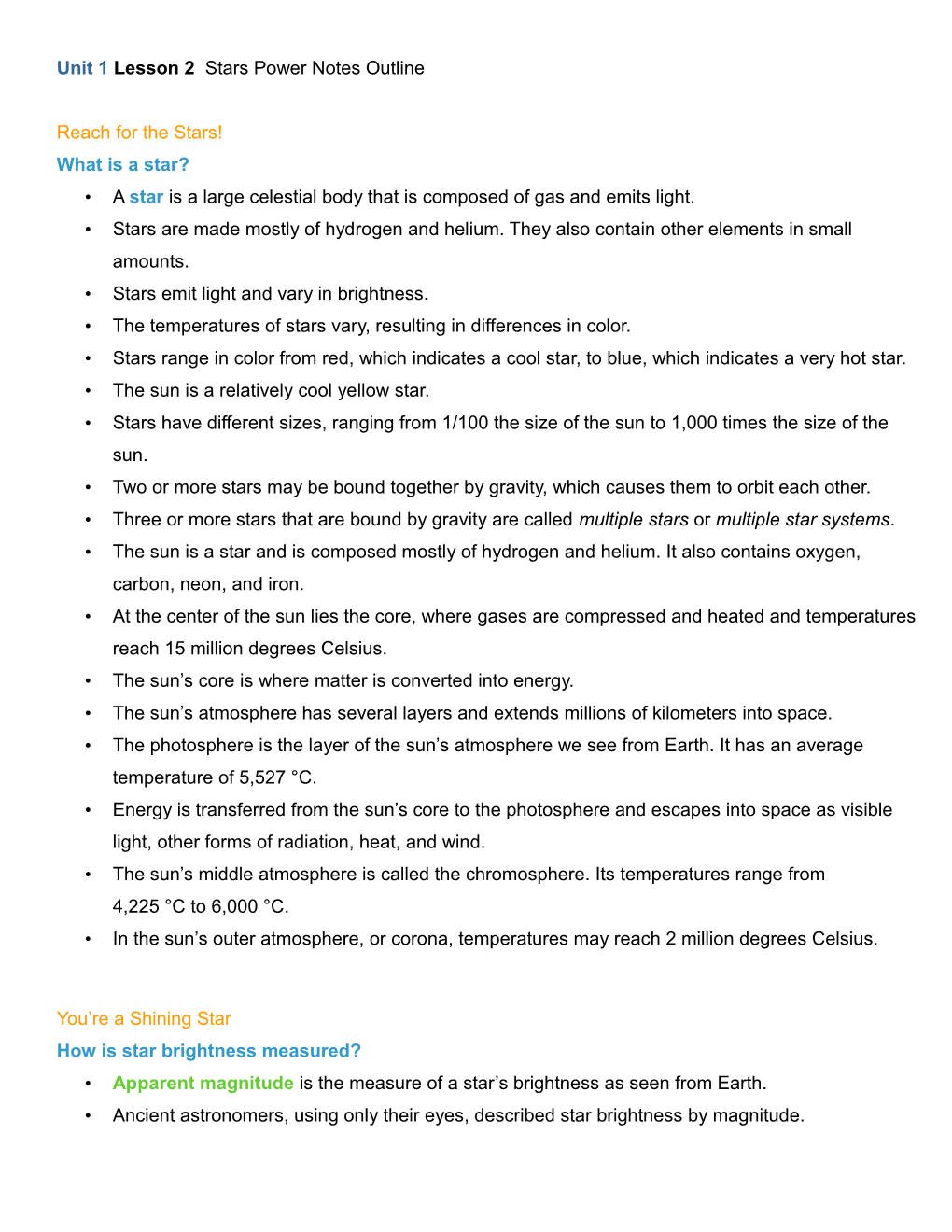 Unit 1Lesson 2 Stars Power Notes Outline