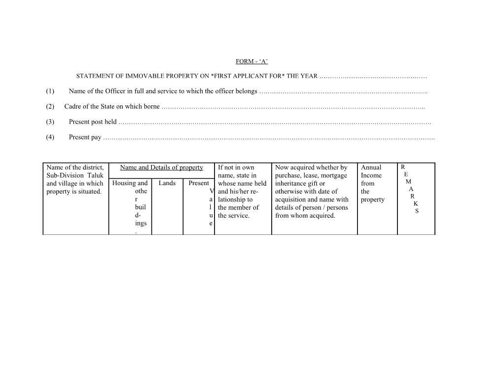 Statement of Immovable Property on *First Applicant For* the Year