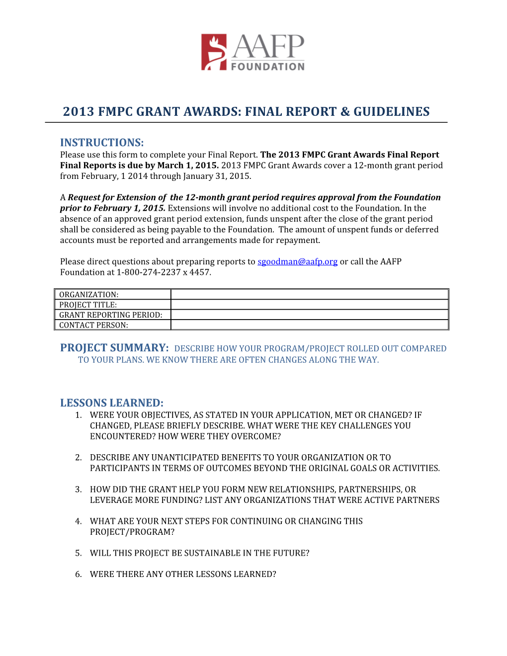 2013 Fmpc Grant Awards: Final Report & Guidelines