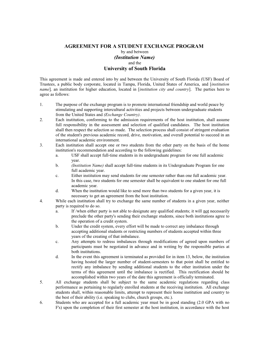 Agreement for a Student Exchange Program