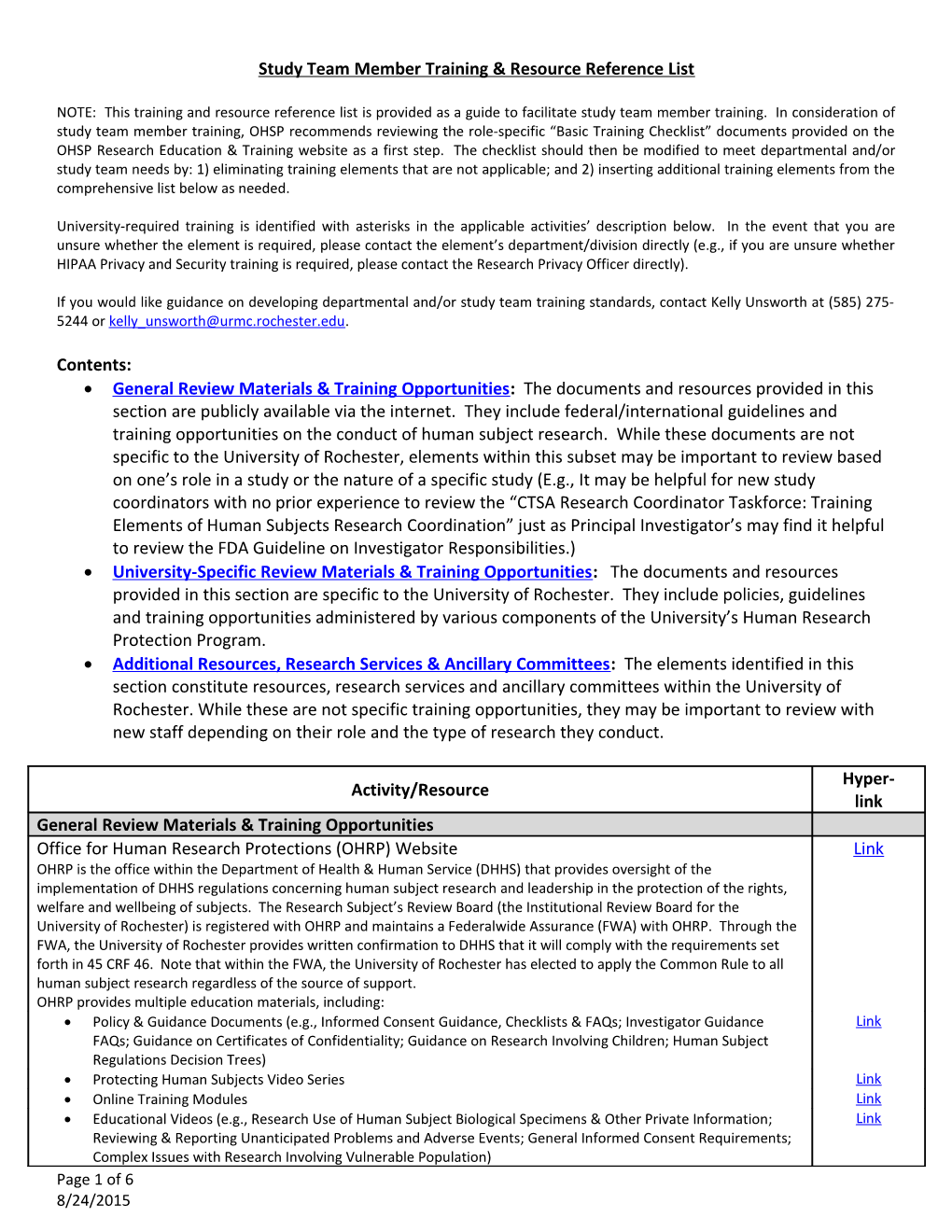 Study Team Member Training & Resource Reference List