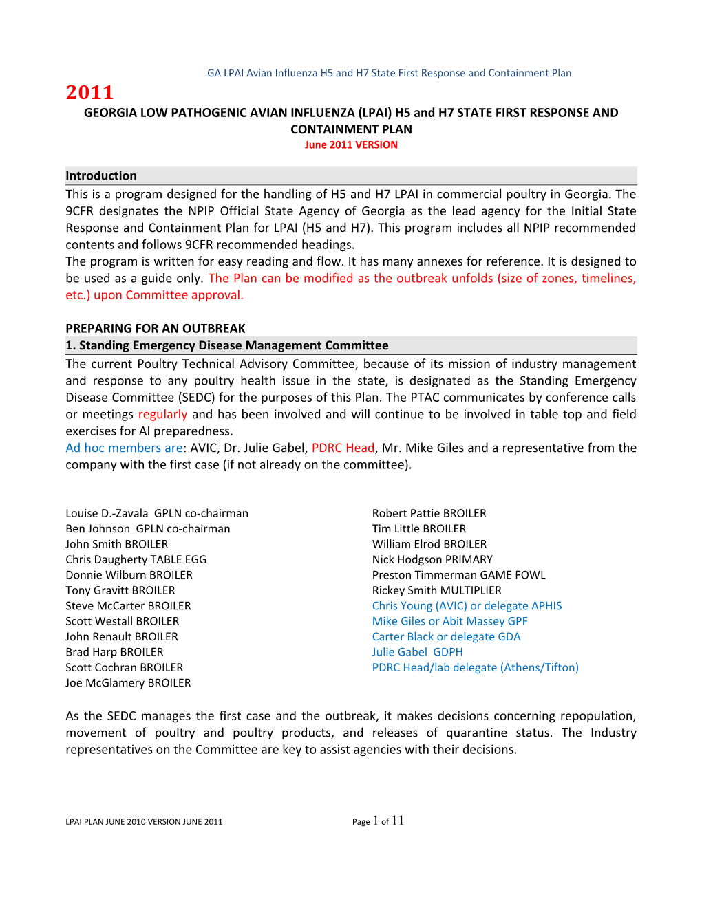 GA LPAI Avian Influenza H5 and H7 State First Reponse and Containment Plan