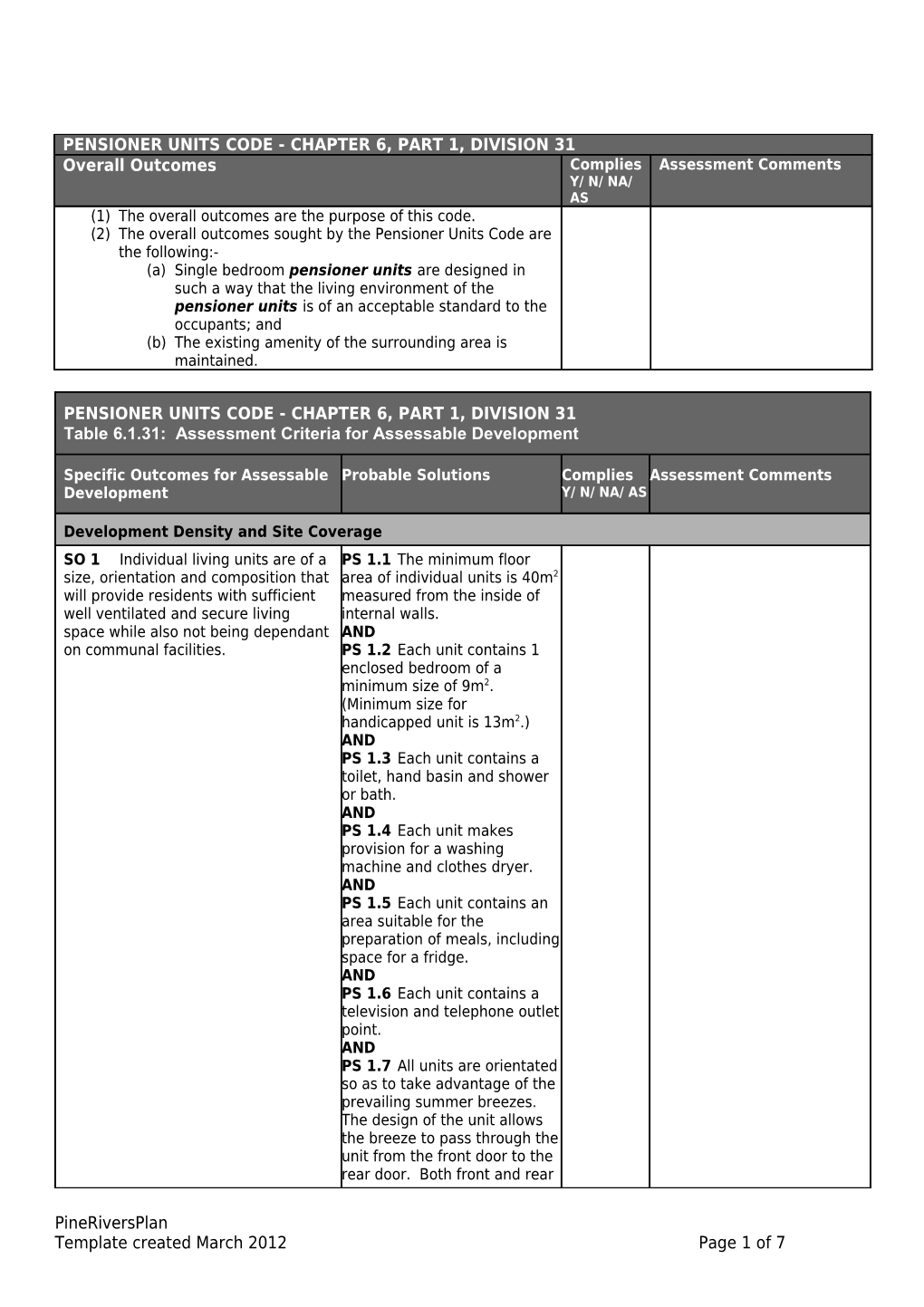 Pensioner Units Code