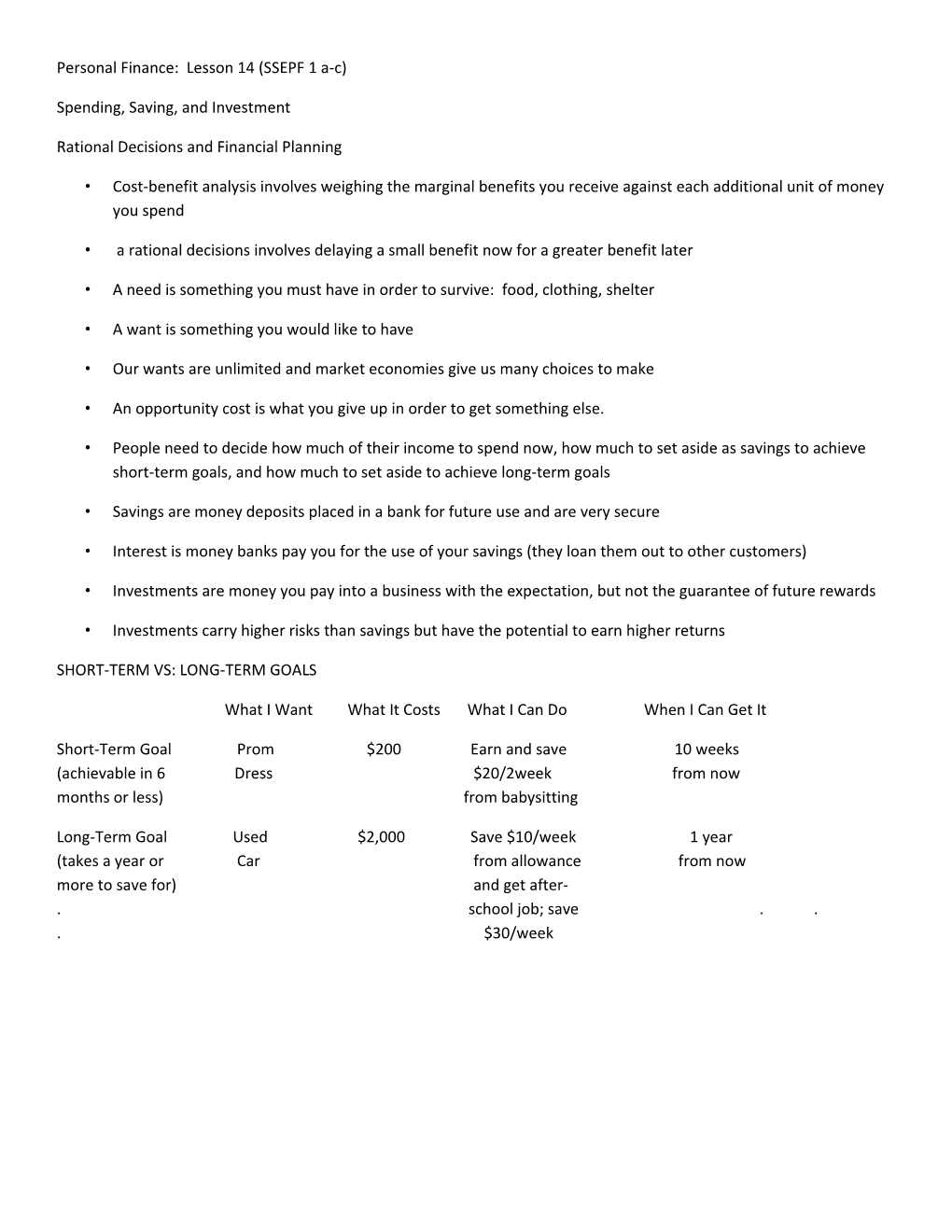 Personal Finance: Lesson 14 (SSEPF 1 A-C)