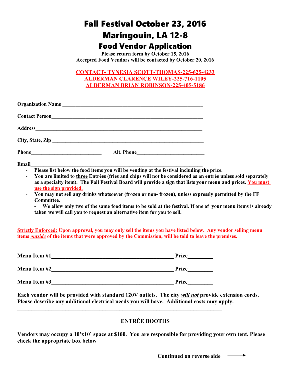 Harvest Festival Arts/Crafts Vendor Application