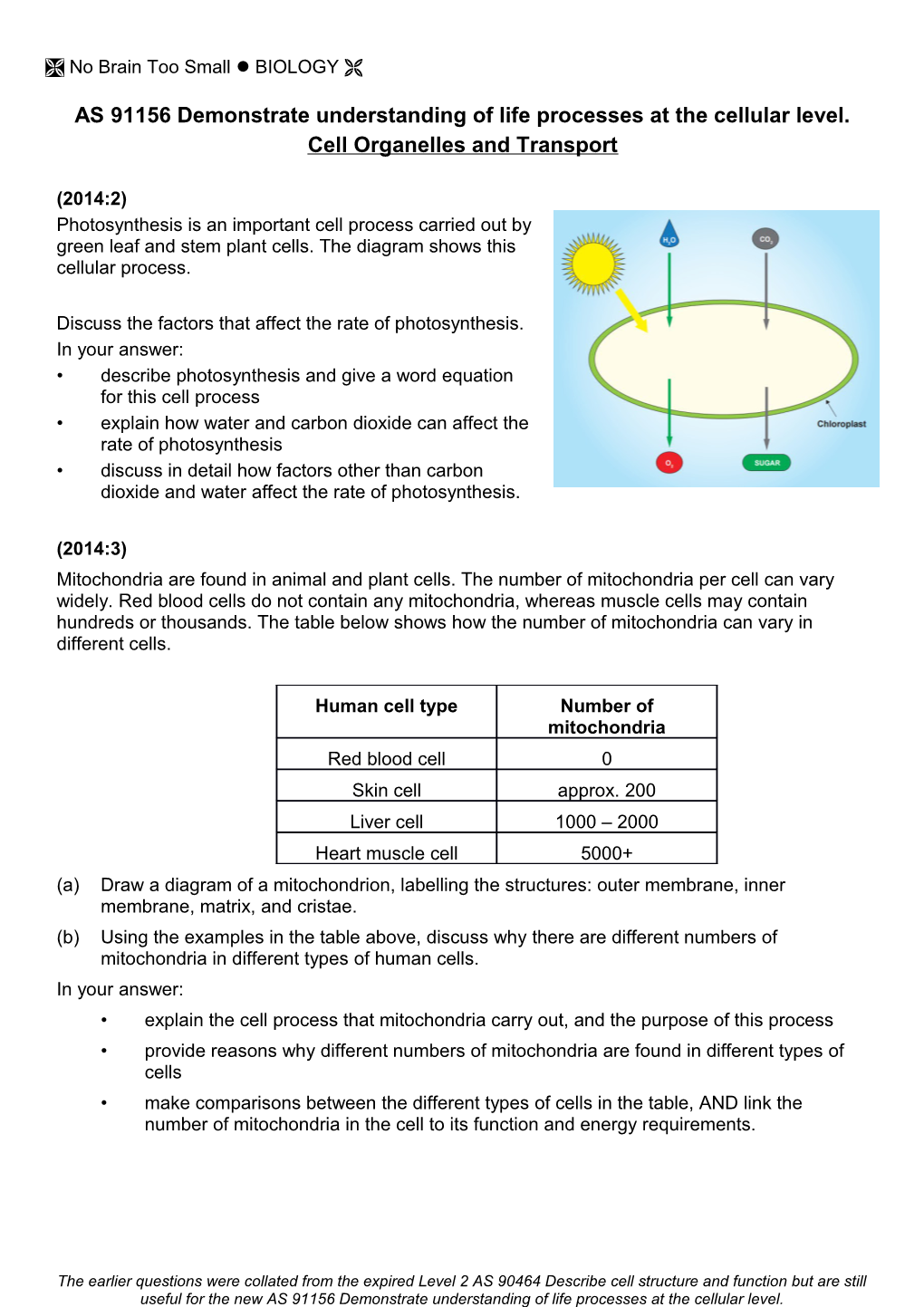 AS 91156 Demonstrate Understanding of Life Processes at the Cellular Level