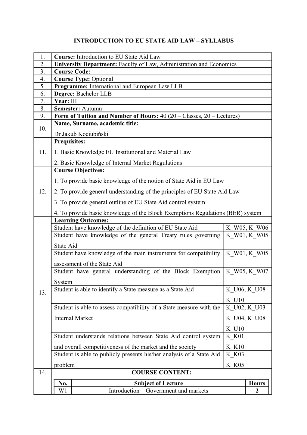 Introduction to Eu State Aid Law Syllabus