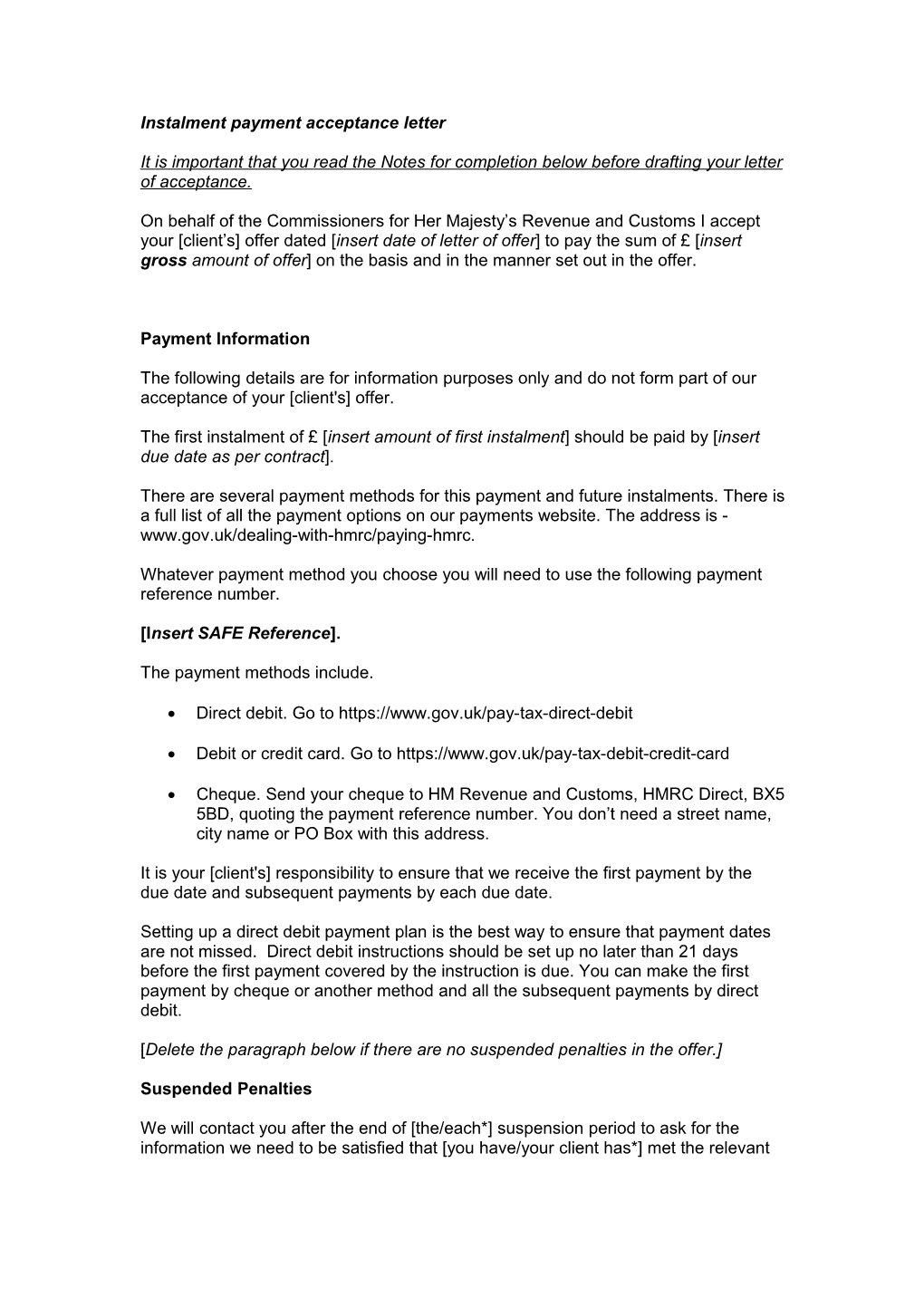 Instalment Payment Acceptance Letter