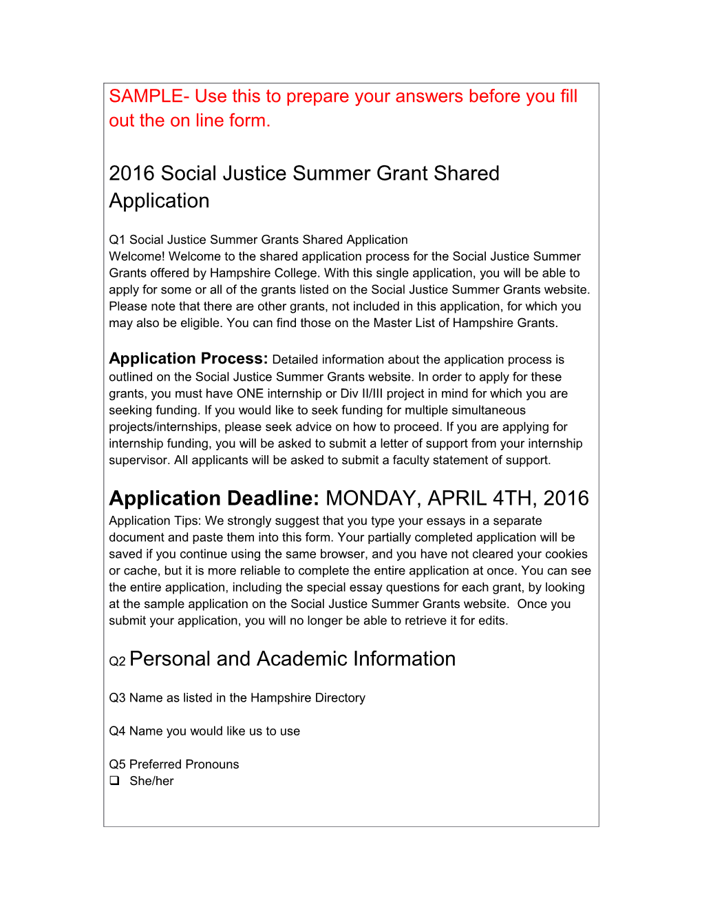 2016 Social Justice Summer Grant Shared Application