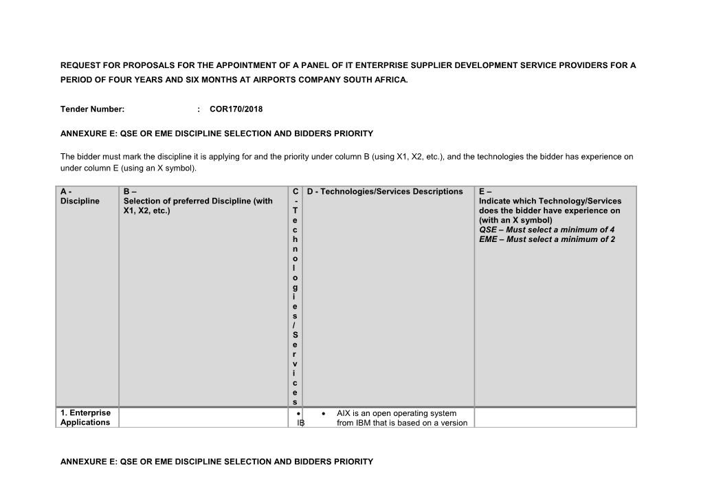 Annexure E: Qse Or Eme Discipline Selection and Bidders Priority