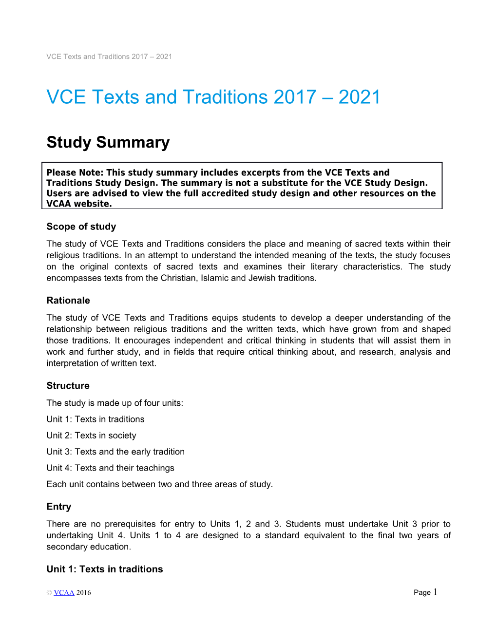 VCE Texts and Traditions 2017 2021