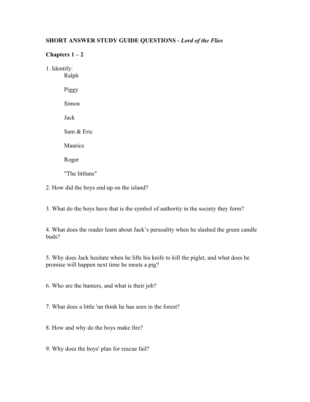SHORT ANSWER STUDY GUIDE QUESTIONS - Lord of the Flies