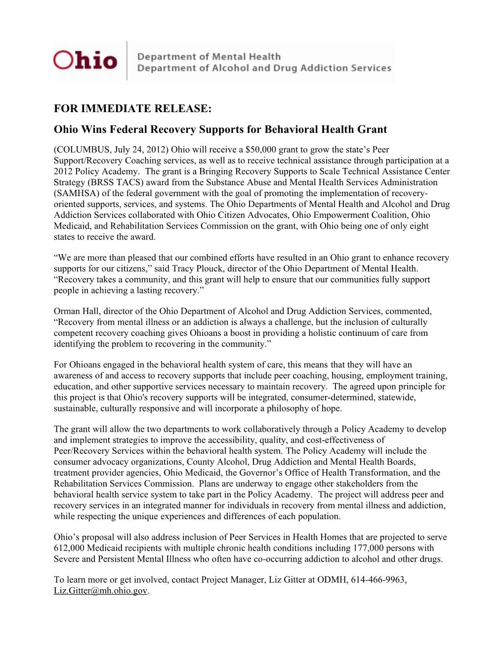 Ohio Wins Federal Recovery Supports for Behavioral Health Grant