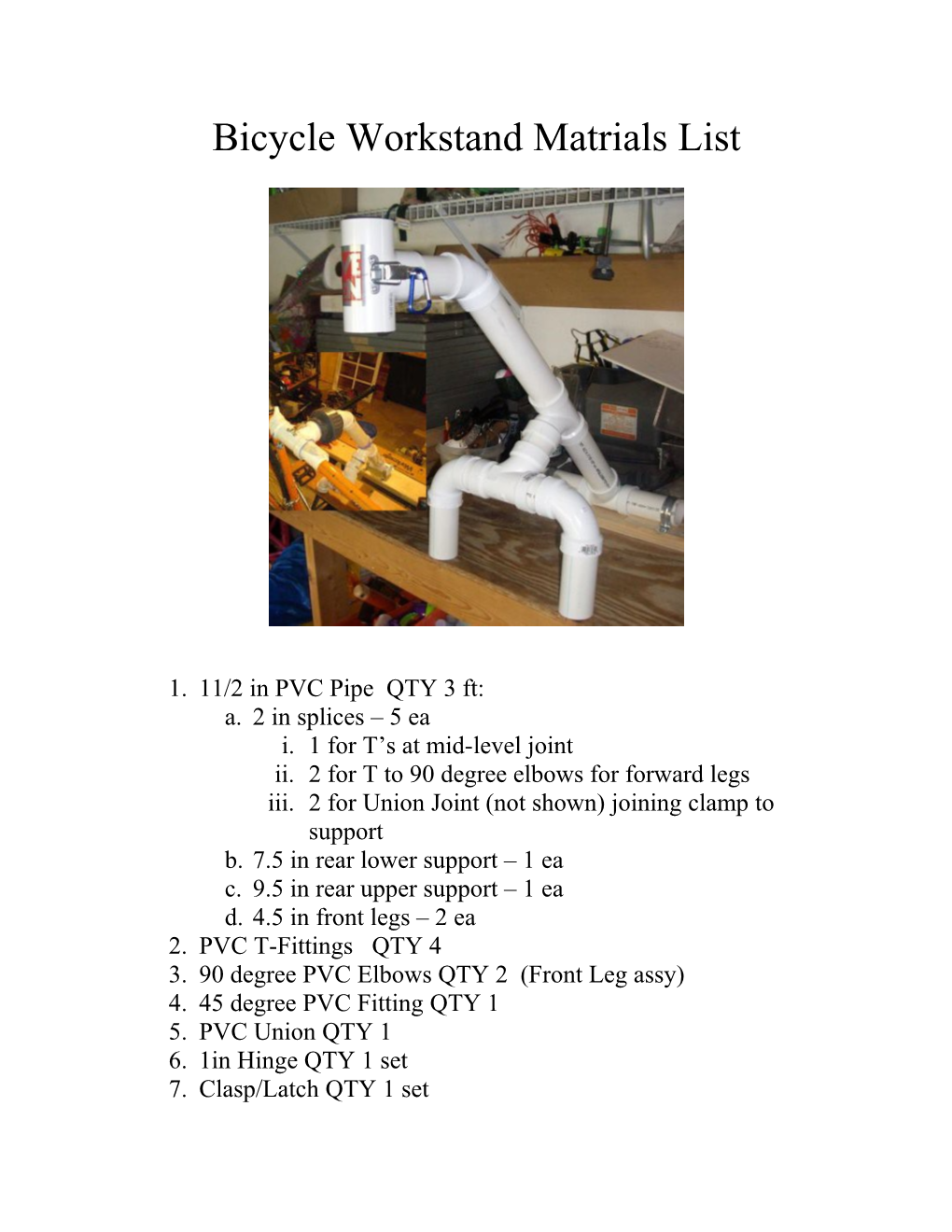 Bicycle Workstand Matrials List