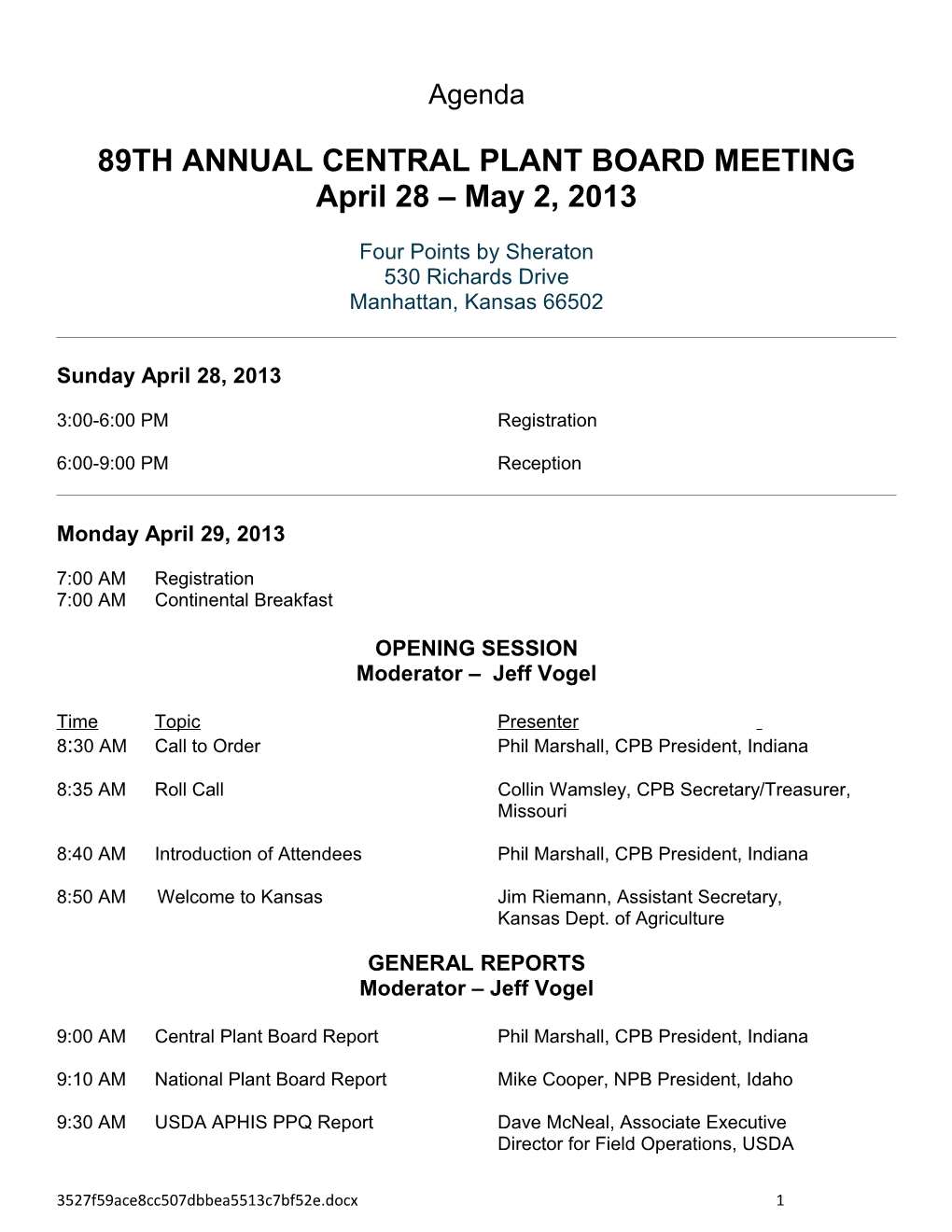 89Th Annual Central Plant Board Meeting