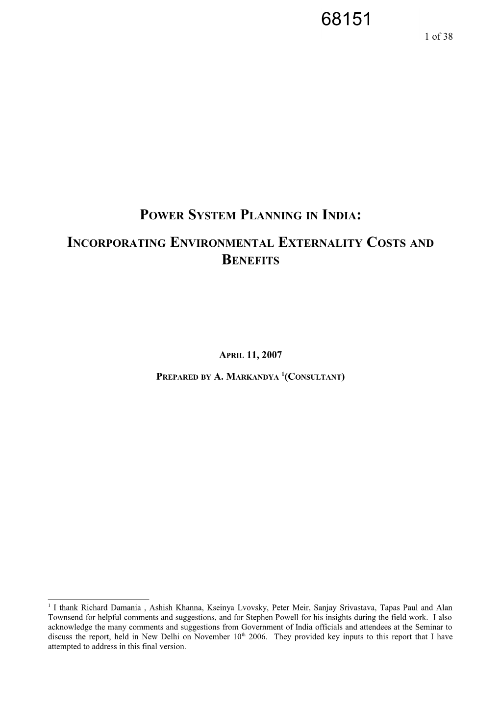 Power System Planning in India: Incorporating Environmental Externality Costs and Benefits