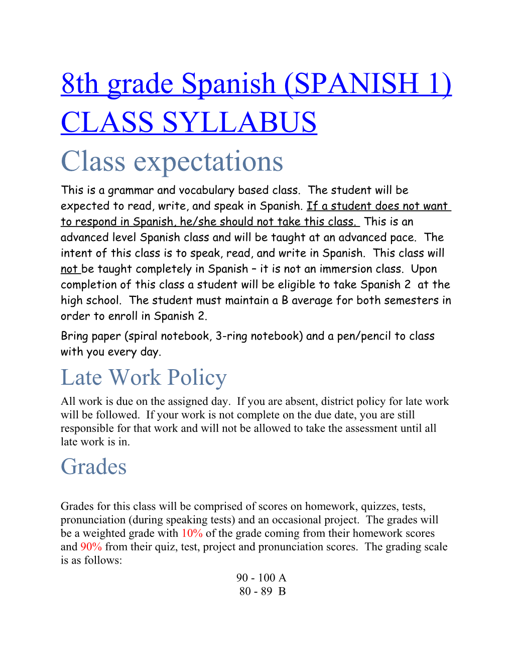 8Th Grade Spanish (SPANISH 1)