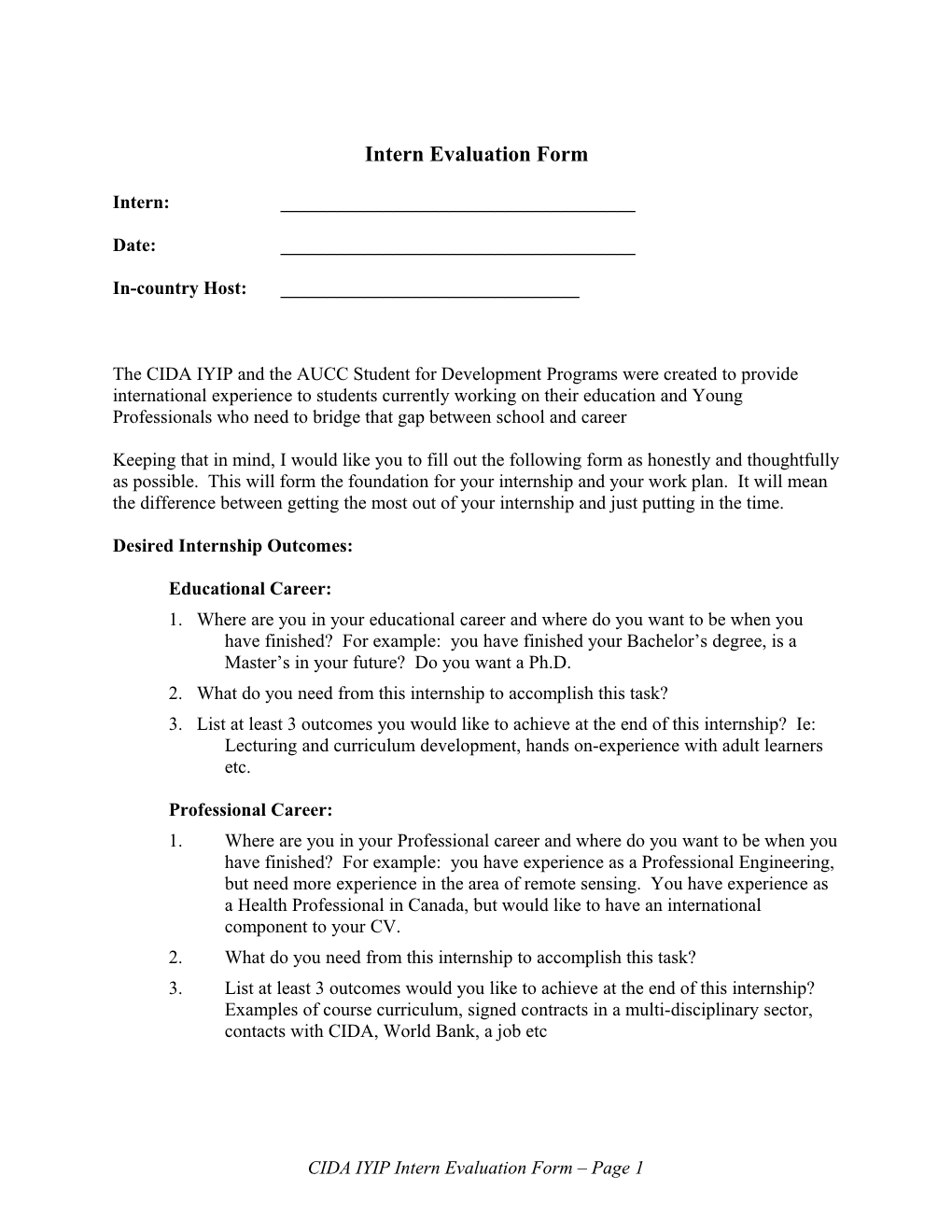 Internship Assessment Form