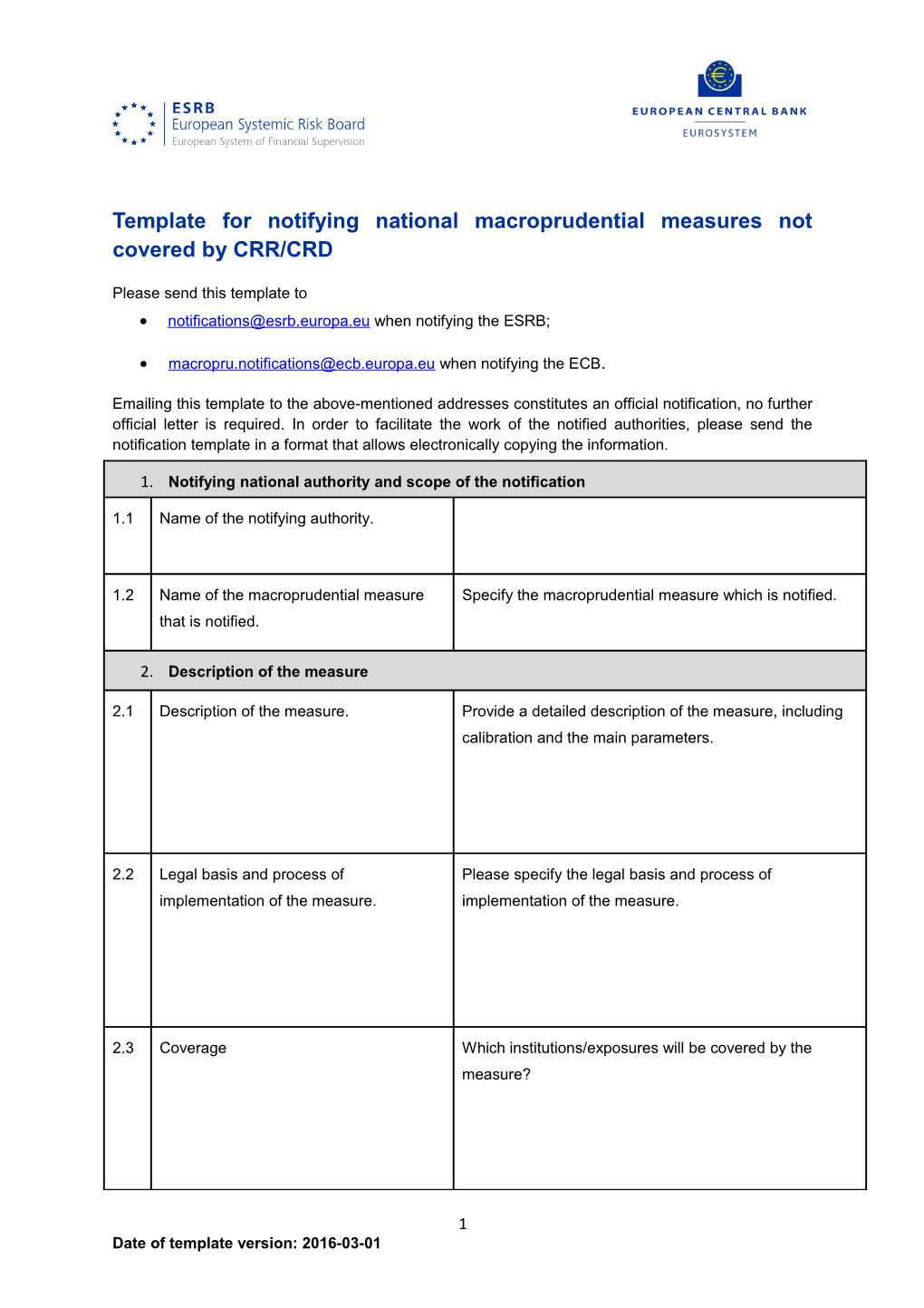 Template for Notifying National Macroprudential Measures Not Covered by CRR/CRD