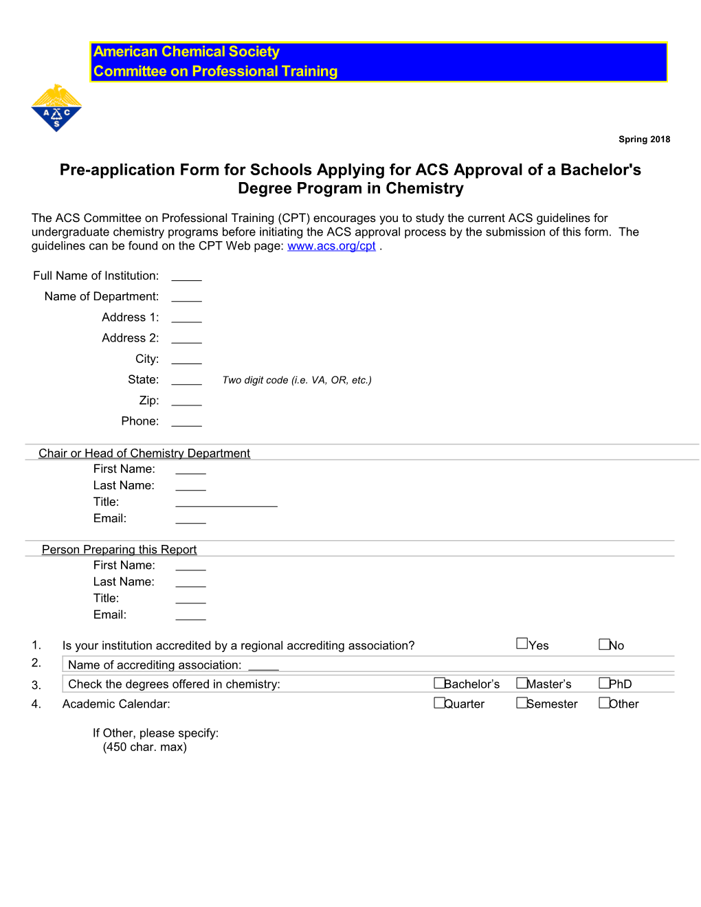 Pre-Application Form for Schools Applying for ACS Approval of a Bachelor's Degree Program