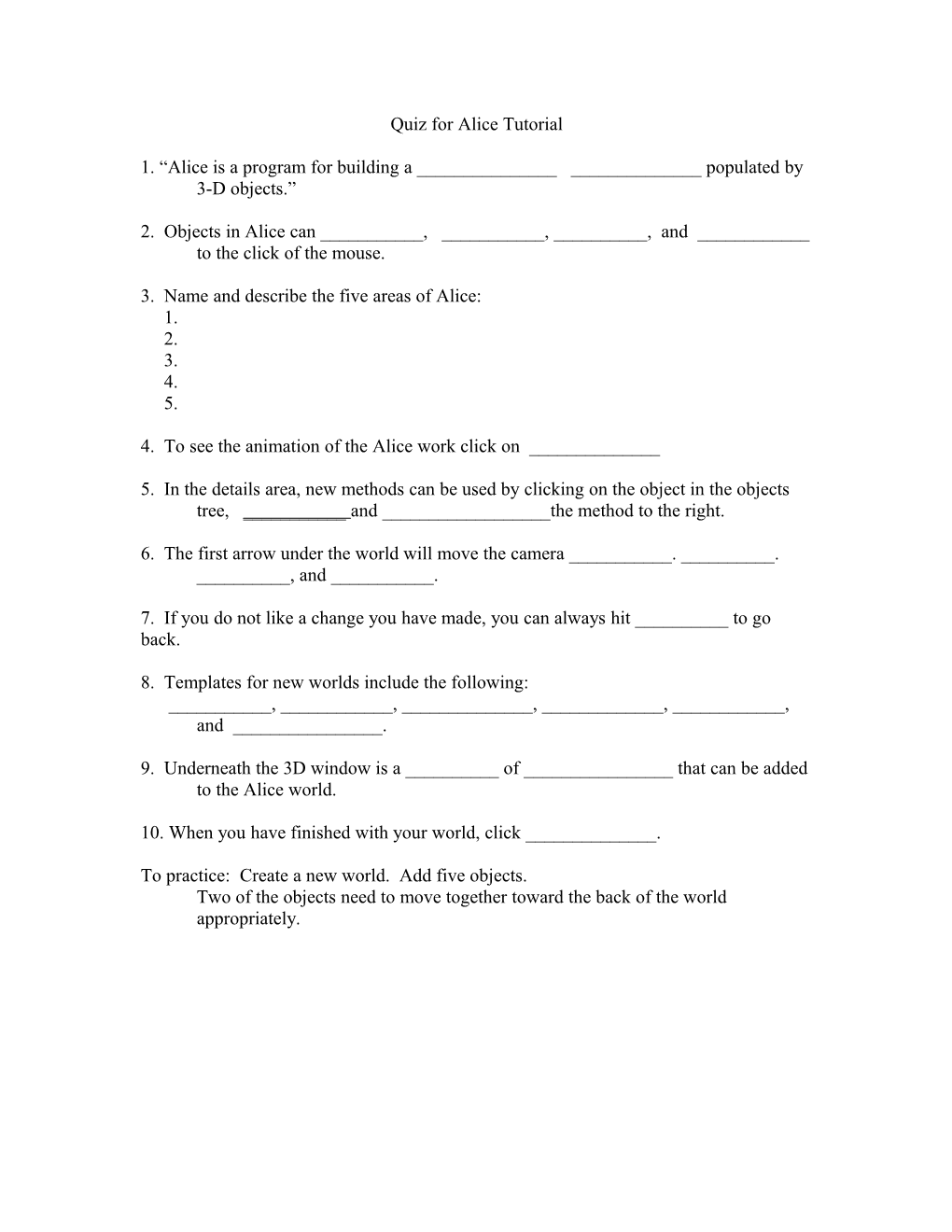 Quiz for Alice Tutorial