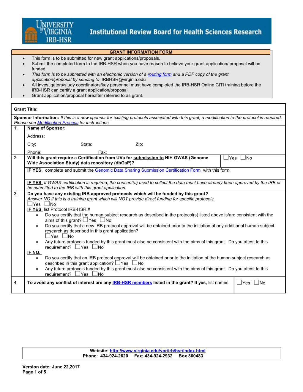 IRB-HSR Grant Information Form