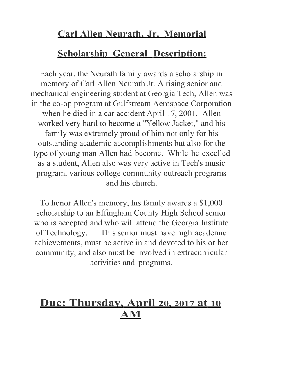 Application for Carl Allen Neurath Georgia Tech Scholarship