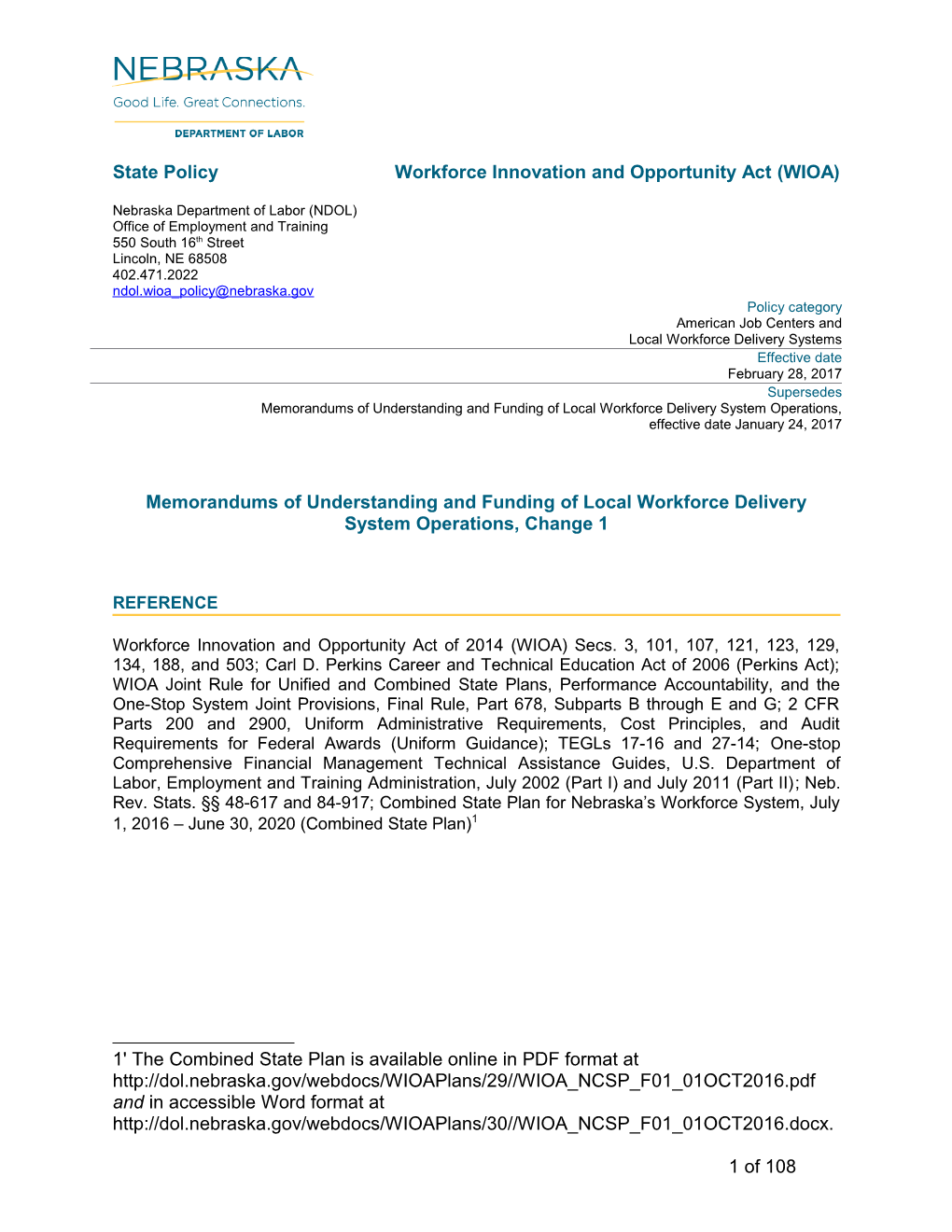 Memorandums of Understanding and Funding of Local Workforce Delivery System Operations