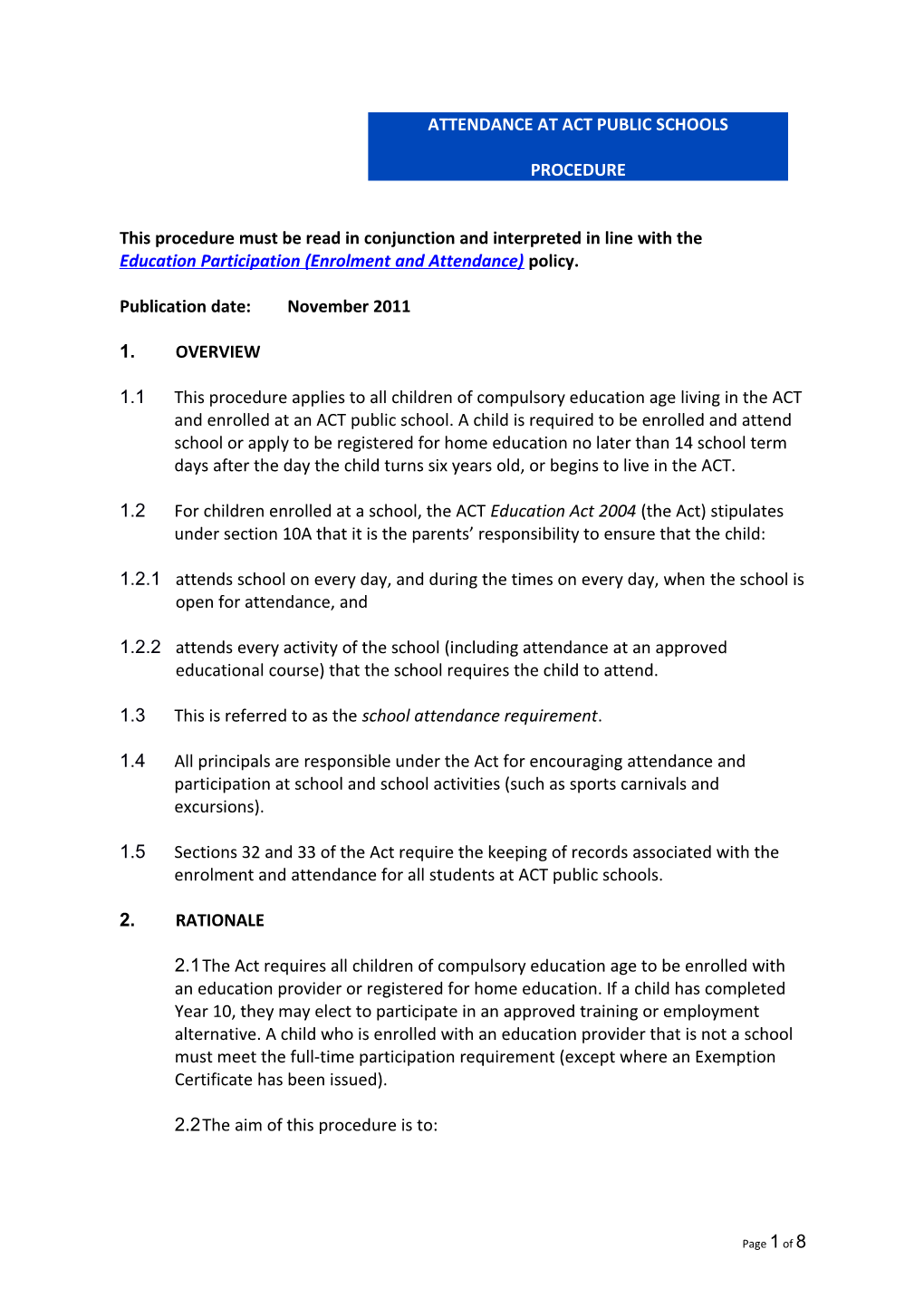 Attendance at ACT Public Schools Procedure