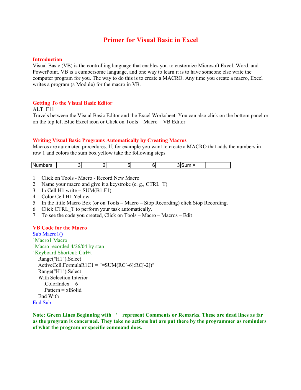Primer for Visual Basic in Excel