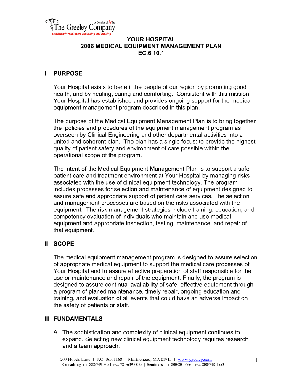 Medical Equipment Management Plan