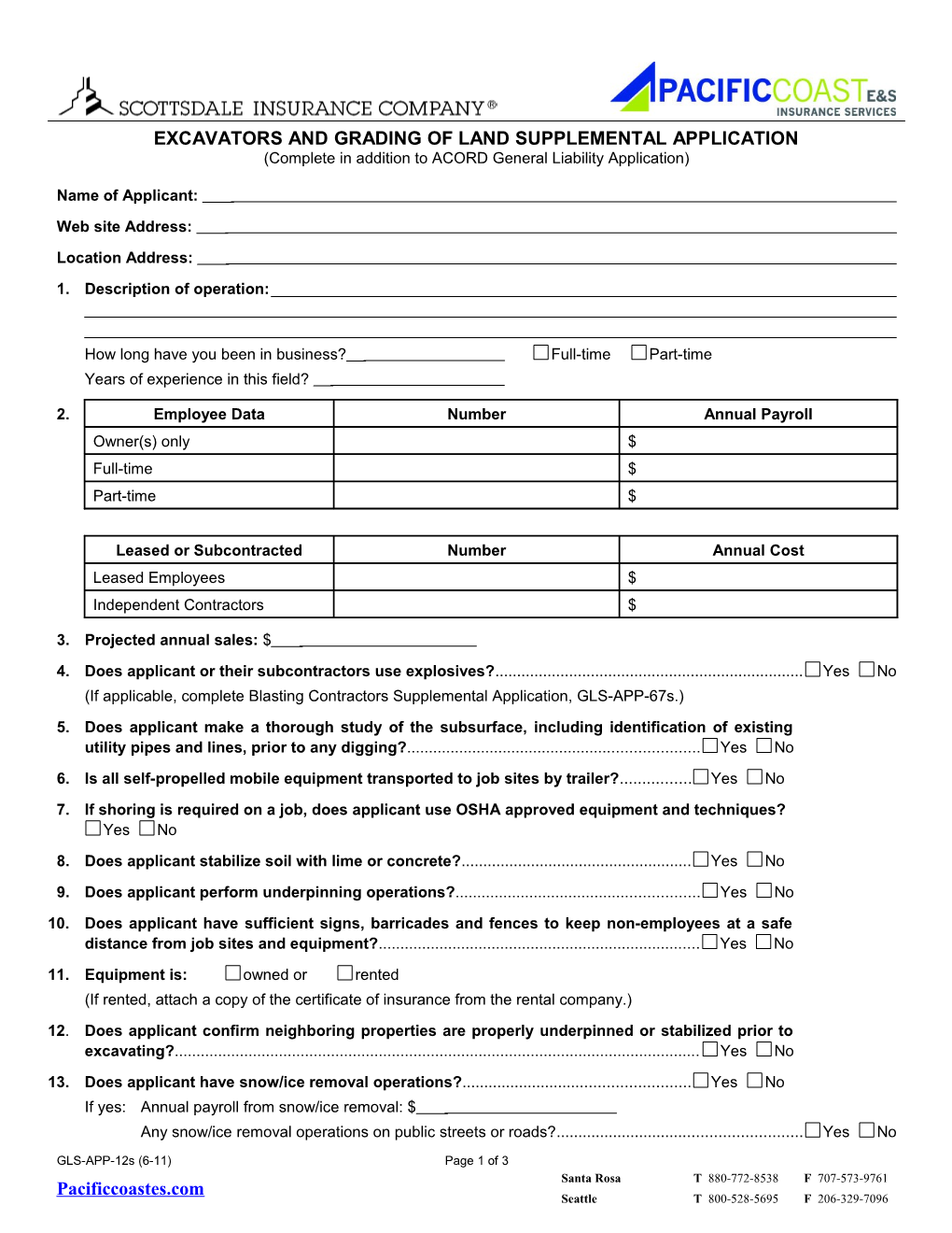 Excavators and Grading of Land Supplemental Application