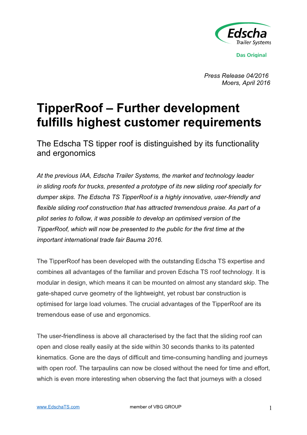 Tipperroof Further Development Fulfills Highest Customer Requirements