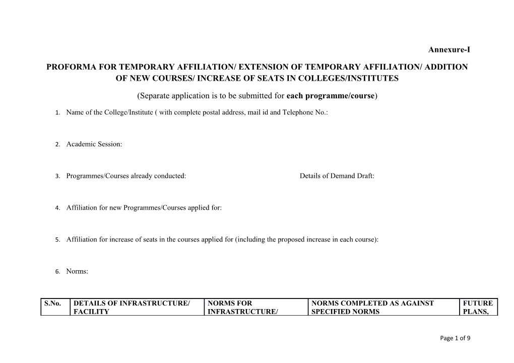 Proforma for Temporary Affiliation/ Extension of Temporary Affiliation/ Addition of New