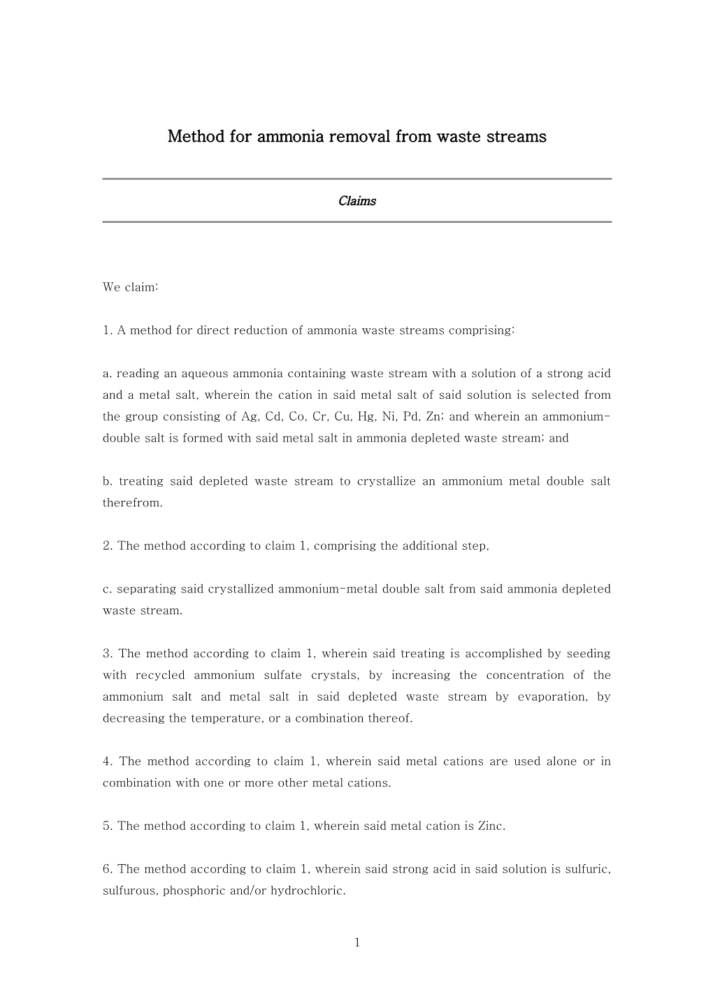 Method for Ammonia Removal from Waste Streams