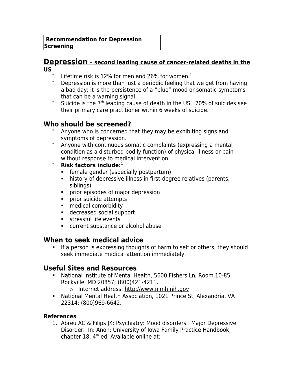 Recommendation for Depression Screening