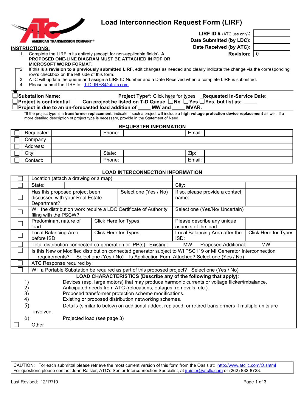 Load Interconnection Request Form (LIRF)