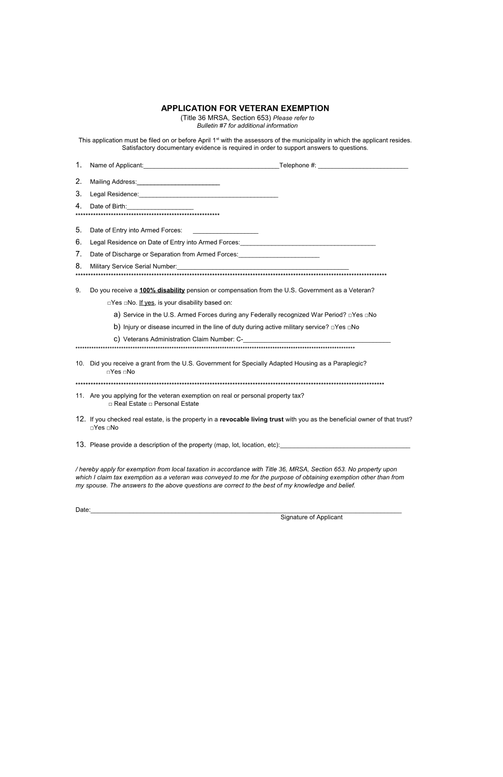 Application for Veteran Exemption