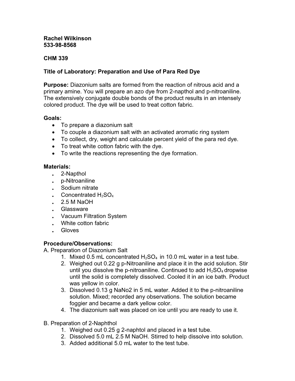 Title of Laboratory: Preparation and Use of Para Red Dye