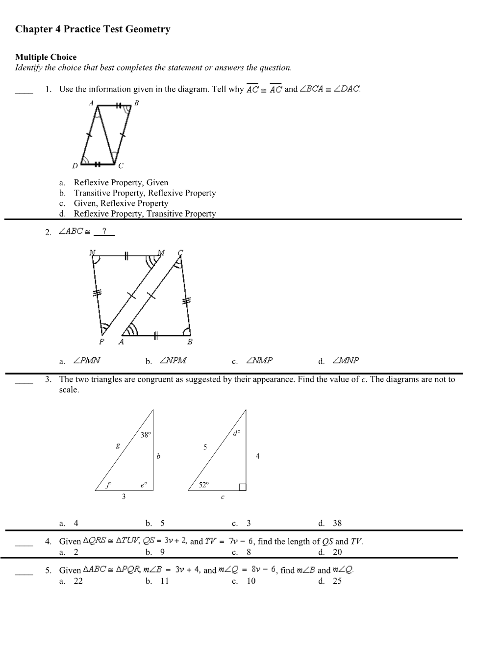 Chapter 4 Practice Test Geometry
