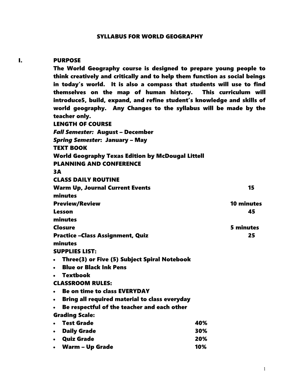 Syllabus for World Geography