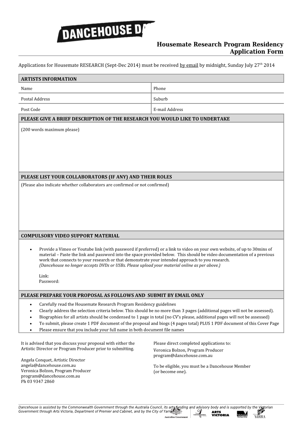 Housemate Research Program Residency Application Form