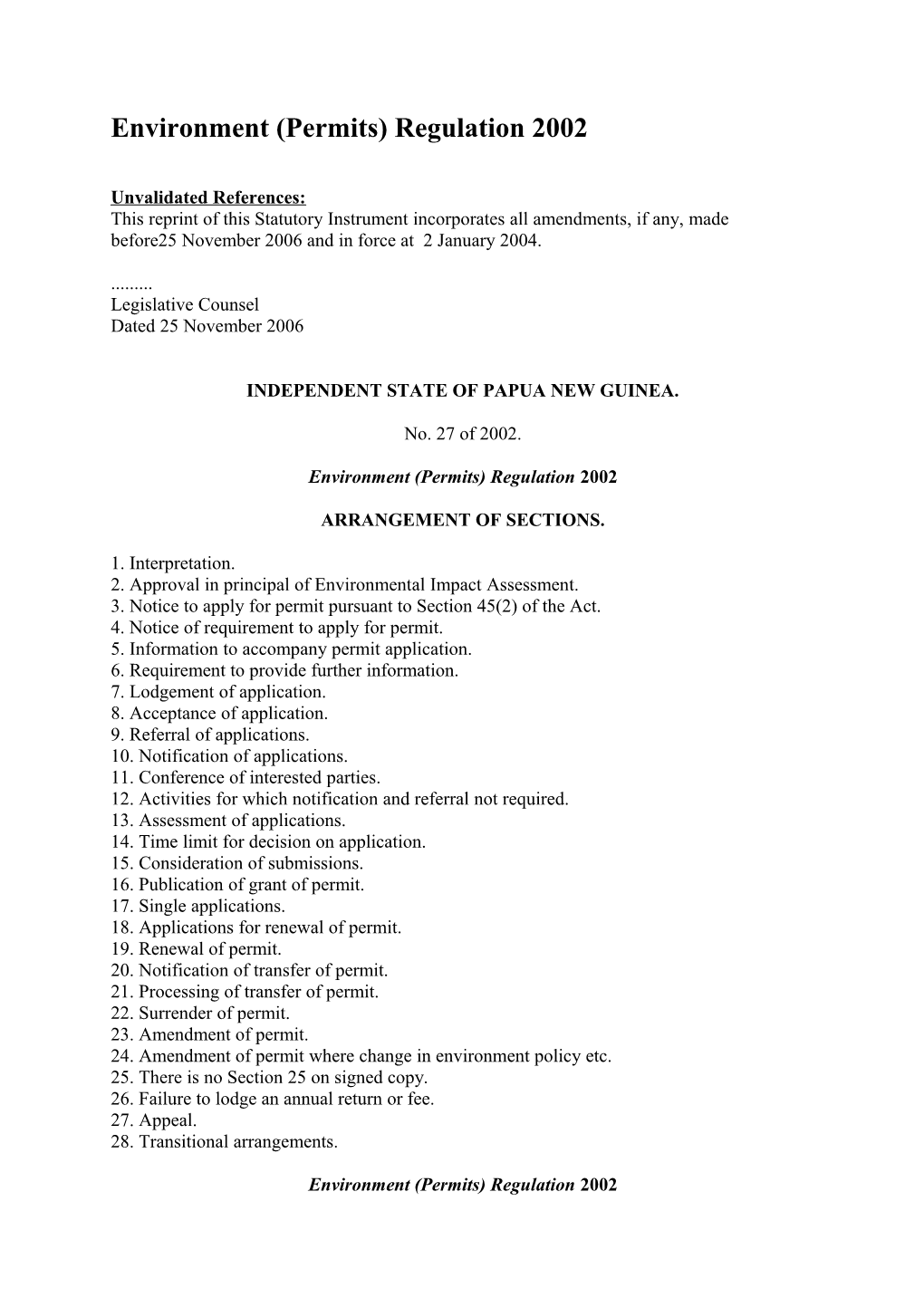 Environment (Permits) Regulation 2002