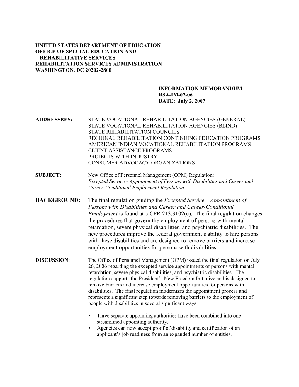 RSA IM-07-06 - New Office of Personnel Management (OPM) Regulation (MS Word)